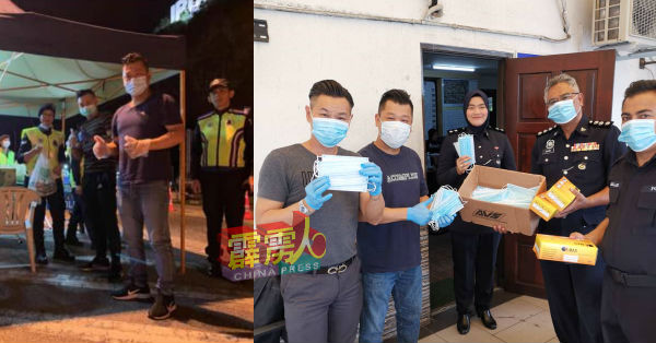 李润森(左起)与雷伟荣移交口罩予怡保警察总部,盼能提高前线人员的防护配备。(右圖)雷伟荣(右2起)和李润森打包晚餐,赠送给路障执勤的警员填报肚子。(左圖)