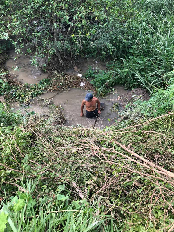 村民冒险下去河道清理杂草与淤泥,以助排水。