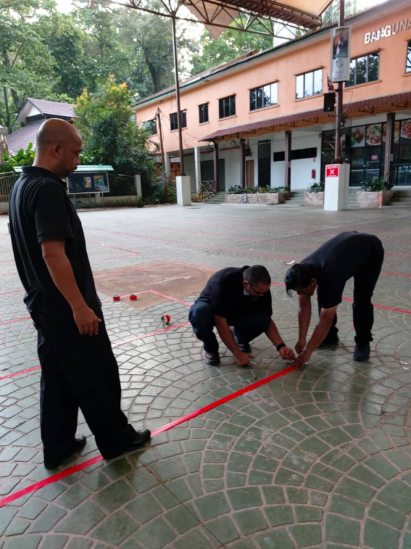 员工在动物园广场地面以贴纸划界线格,确保访客时刻保持安全社距离。