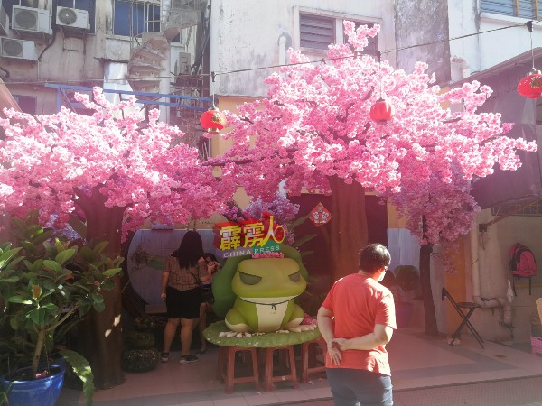 配合农曆新年，二奶巷一处以“旅行青蛙”配合桃花作佈景，吸引民众打卡。