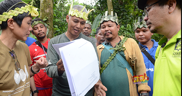 米奥拉扎（前左2）向原住民、非政府组织成员，讲解森林种植计划所带来的影响。