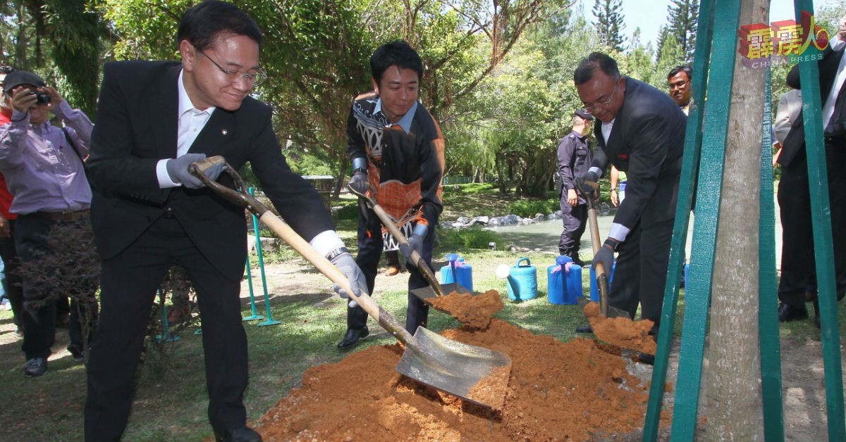 阿末苏艾迪（右起）、高岛宗一郎、楠正信在“怡福园”种下红花风铃木，以纪念两市的友谊。