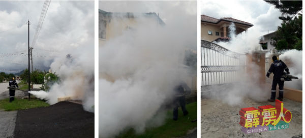 市政厅派出害虫制单位，在市内各区喷射灭蚊雾。