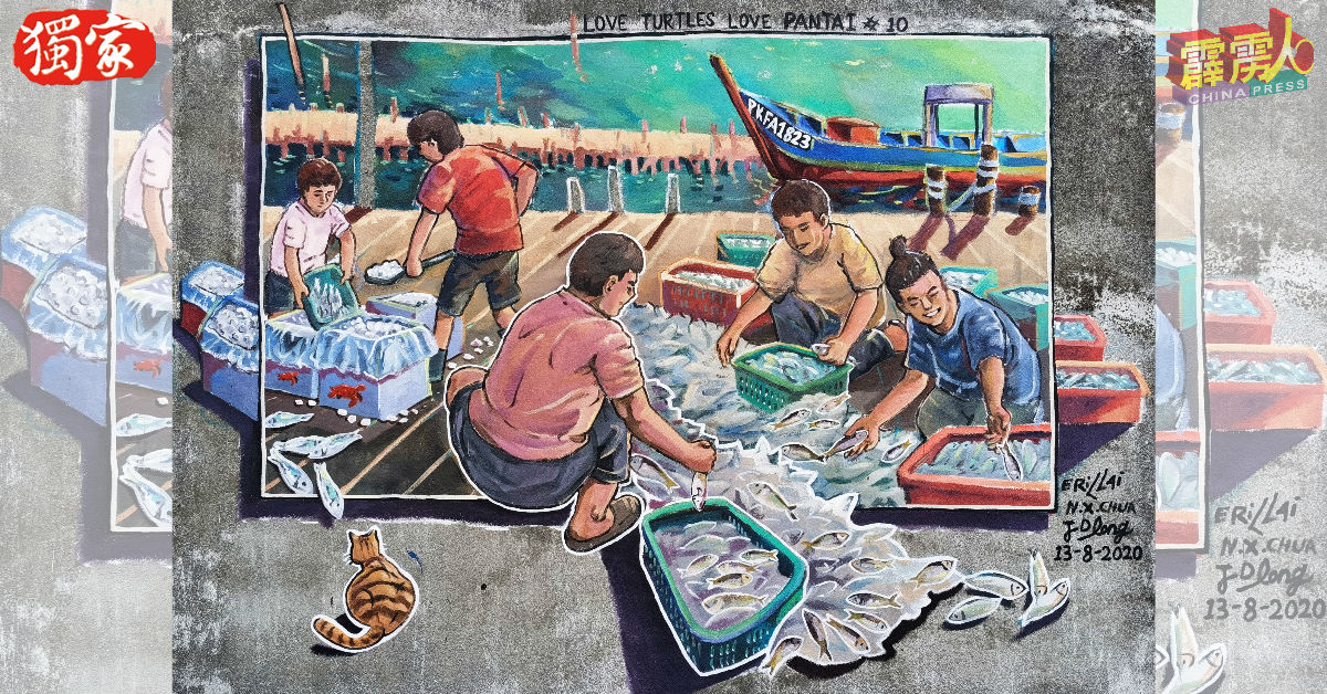 赖伟权和团队以看似立体的壁画，展示班台渔村渔寮的实景。