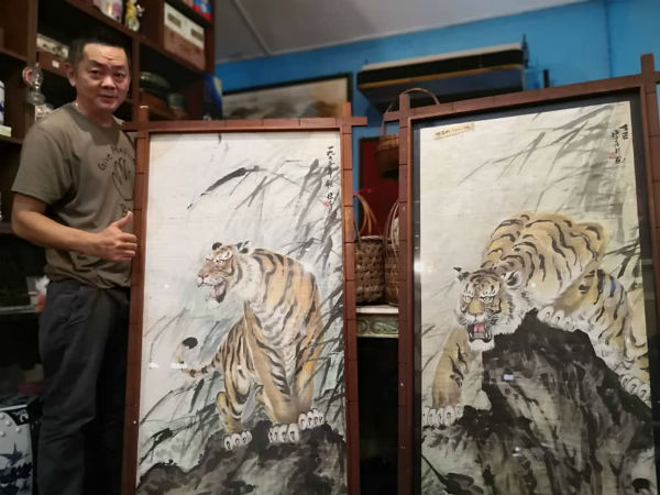 柯文德展示储藏室里的一对虎画，虎像神态威猛，苍劲有力。