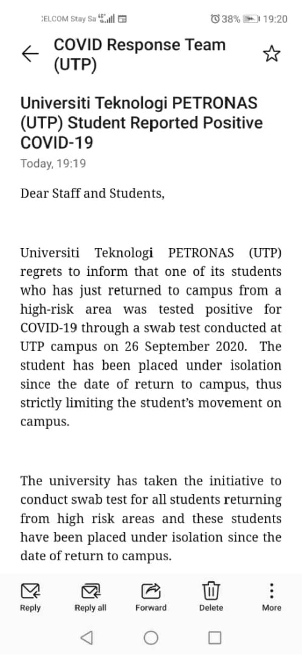 社媒疯传霹州马石油科技大学，一名学生确诊及已进行隔离，但消息有待进一步证实。
