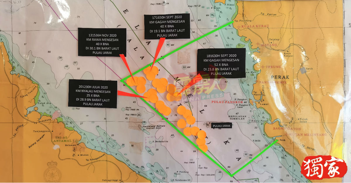 印尼渔船入侵霹雳州海域的4个热区，都是距离半路屿西北方约30海里至50海里处（橙色圆点标记处）。