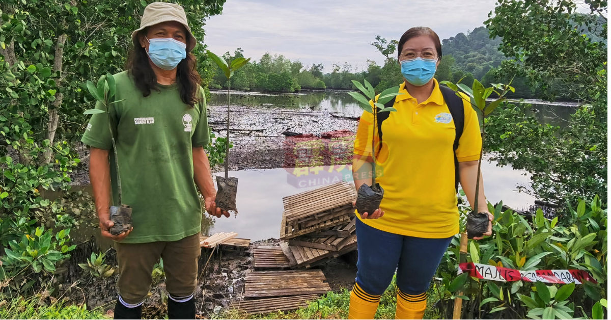 曼（左起）和黄渼澐呼吁民众踊跃参与种植红树苗活动，协助修復地方上的红树林。