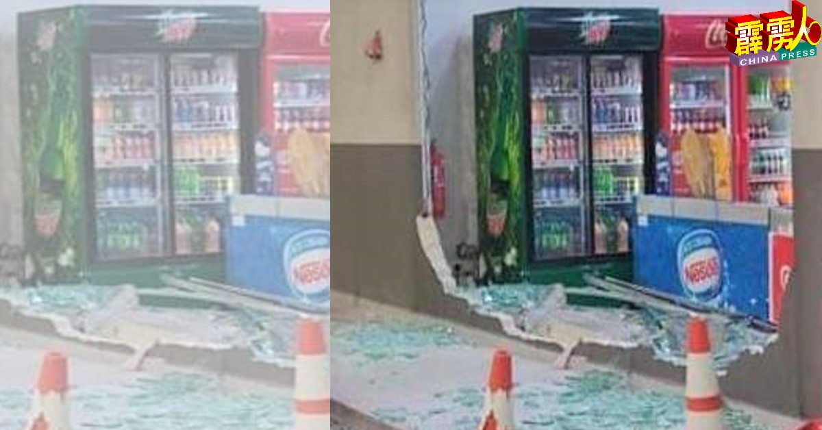 力侨第6碑的加德士油站便利店的落地玻璃被1辆客货车撞破。（照片取自面子书）