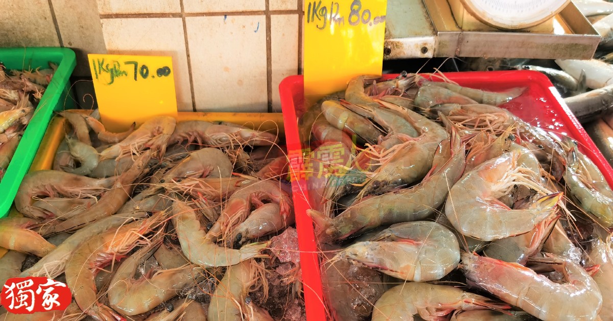 往年货源短缺，手掌般大小的明虾供应充足，每公斤70令吉至80令吉。