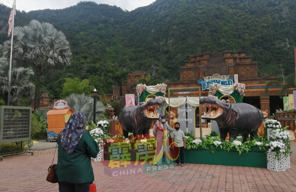 乐园入口处竖立了两只河马塑像，告知到访者今日两者成婚，吸引民众打卡。