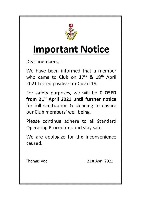 怡保1所俱乐部已有确诊会员到访而需暂时关闭，并进行消毒。