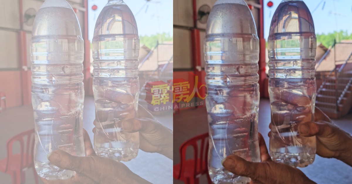 居民展示收集的自来水，左罐有明显油脂浮在水面，右罐则是咸味自来水。