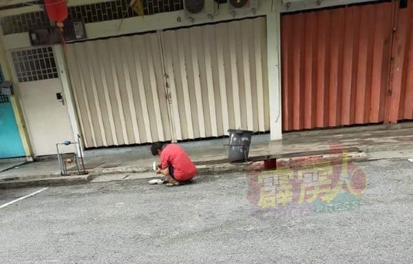 照片可见，该名妇女在垃圾桶觅得食后，就迫不及待地蹲在路旁进食。