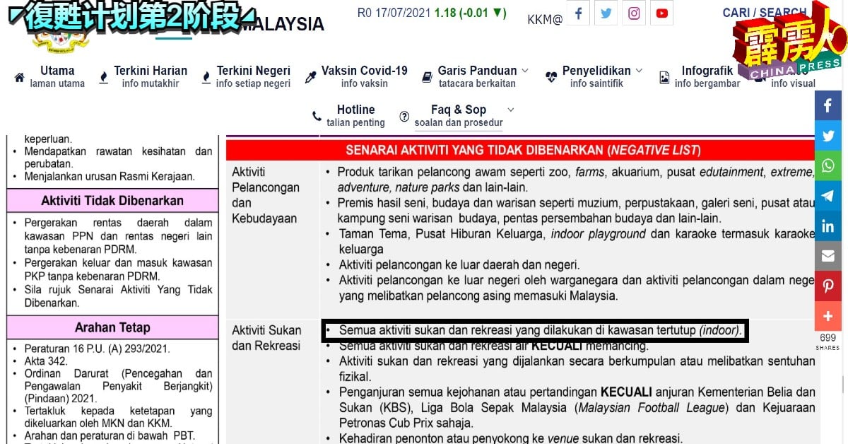 国家復甦计划第2阶段的标准作业程序中，清楚列入明禁止所有的室内运动和休閒活动。