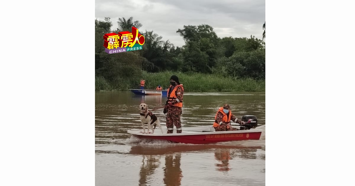 消拯局派出消防犬乘快艇，在水面搜寻，后方协助寻找的快艇是来自民防部队。