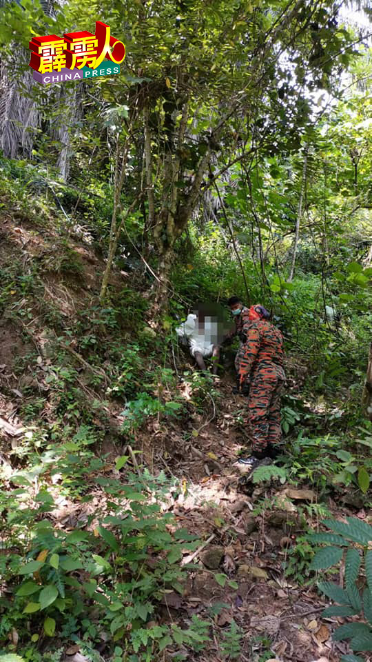 消拯员到和丰园后山，协助警方将一名捆绑在树木印裔男子脱绑。（取自和丰鸡婆区）