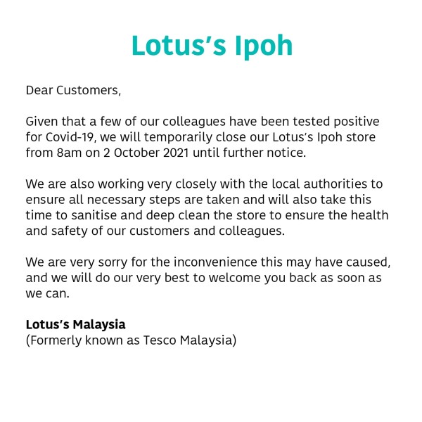 马来西亚莲花霸市发出通告，怡保莲花霸市因部分职员确诊新冠肺炎，而暂时关闭。