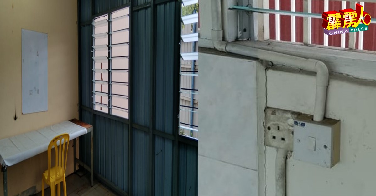 左圖:校长薛伟贤出示的现场照片显示，学校的储藏室具有电风扇、电插座、一张办公桌、椅子及涂鸦板。 右圖:哈菲占在视频所指的“没电插座”之说，似乎与校方出示的现场照不相符。