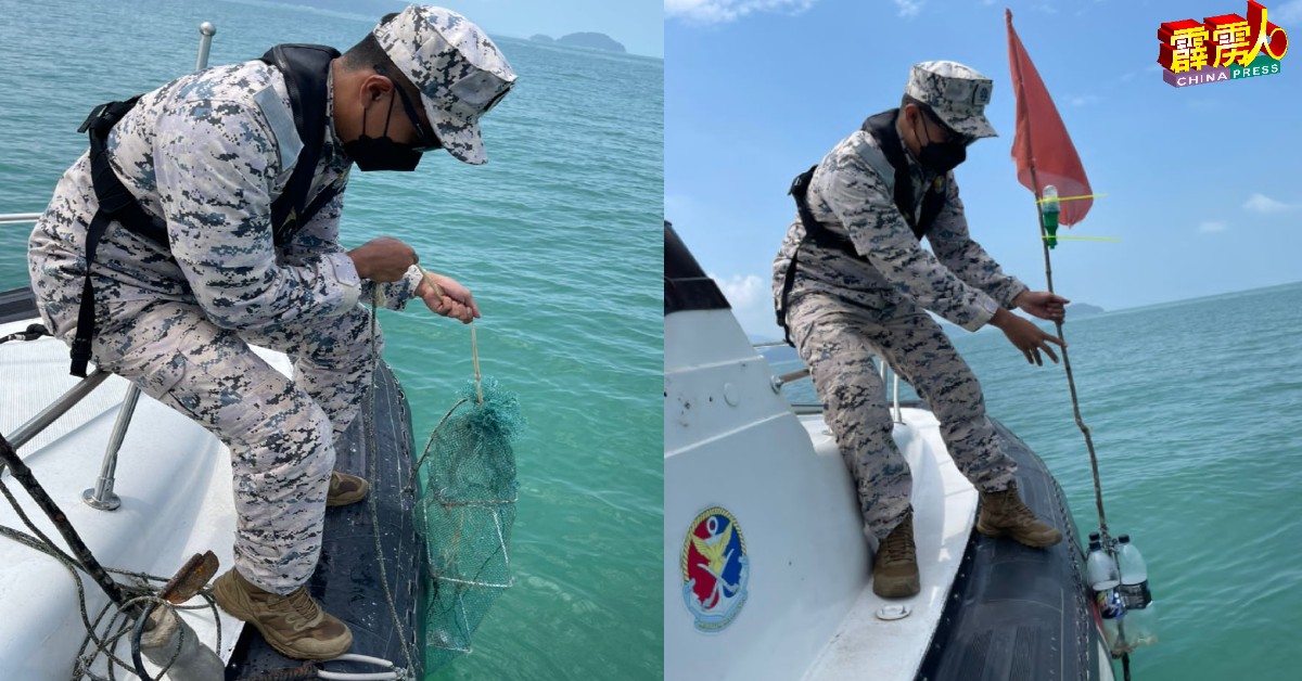 海事执法机构人员在昔加里的金龟岛邻近海域，发现数个可疑的浮标及筌笼。