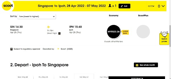 从新加坡飞往怡保的机票热卖当中。