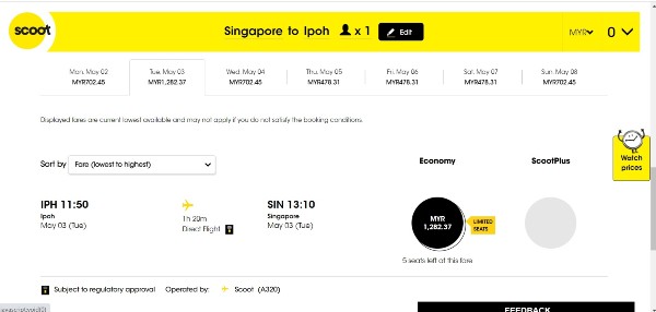 从怡保往返新加坡的机票，有些日期机票价格高达1282令吉。