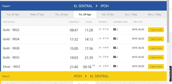 从4月29日至5月1日，吉隆坡中环车站前往怡保的火车班次，每趟仅剩1至2个空位。