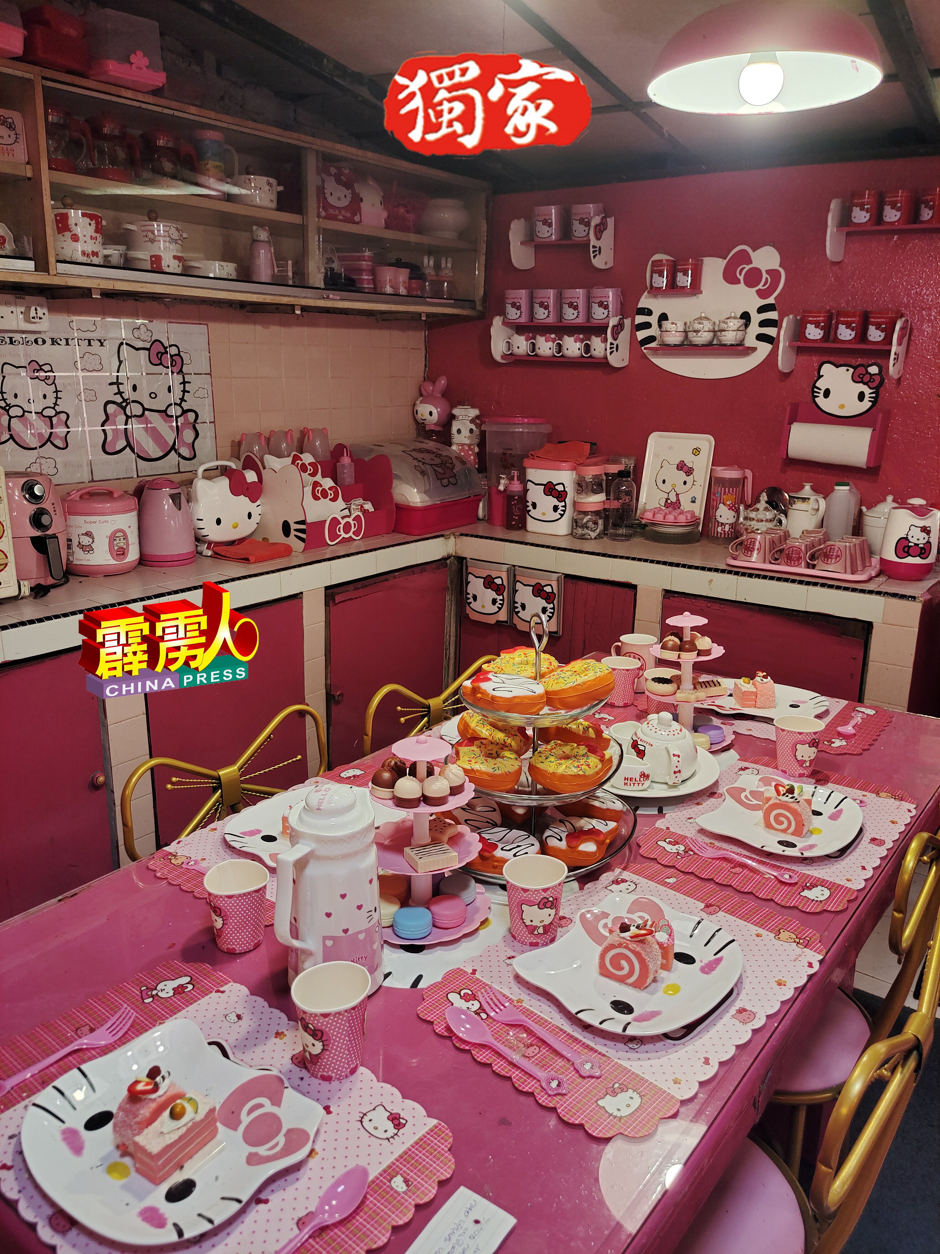Hello Kitty屋内的厨房，拥有琳琅满目的餐具与厨房用具。