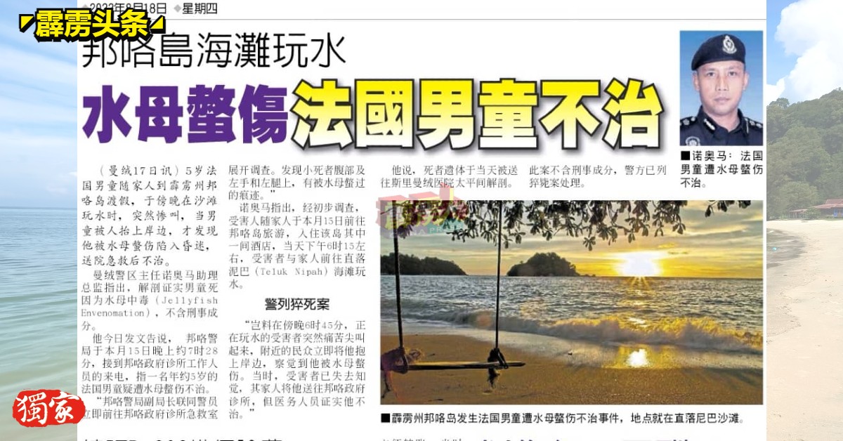 《中国报》于8月18日报导有关1名法国男童于8月15日，在邦咯岛戏水遭水母螫伤抢救不治的新闻。