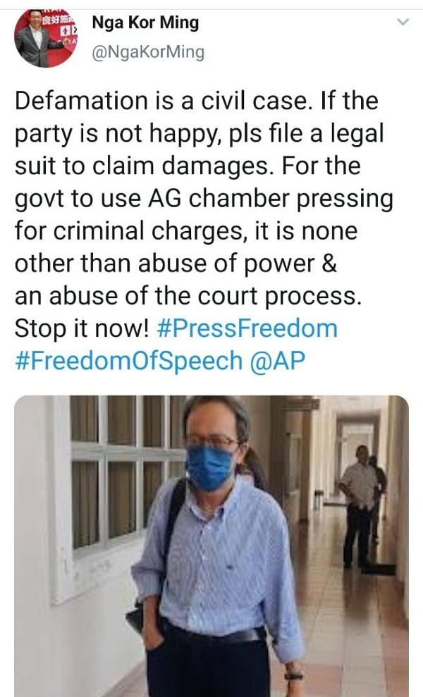 倪可敏在推特发文指政府利用总检察署进行刑事指控，这无疑是滥用权力及滥用法庭程序。