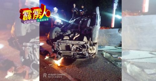 轿车失控撞街灯  四轮朝天  1男1女身亡