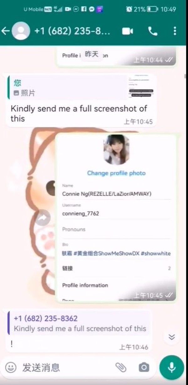 Connie Ng遵从老千指示，更改IG户头的个人邮址。（图取自事主面子书）