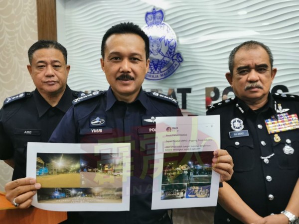 尤斯里（中）展示社媒所流传的照片，左为霹雳州副总警长阿兹兹及防范罪案及社区安全组主任诺再尼（右）。