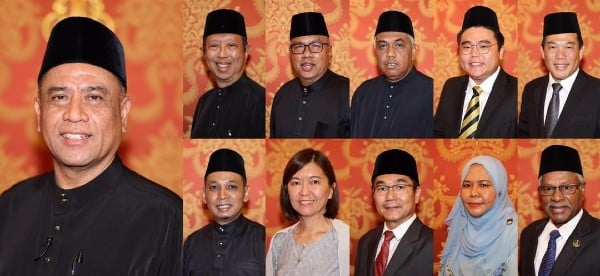 霹雳州新任行政议员；左上起为尼查丶莫哈末祖基菲里丶凯鲁丁丶吴家良丶罗思义丶莫哈末阿兹兰（左下起）丶黄诗情丶郑国霖丶莎比雅及西华尼申。
