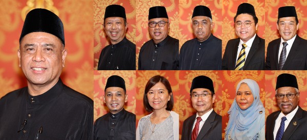 霹雳州新任州务大臣沙拉尼（左上起）与新届行政议员尼查、莫哈末祖基菲里、凯鲁丁、吴家良、罗思义、莫哈末阿兹兰（下图左起）、黄诗情、郑国霖、莎比雅及西华尼申。