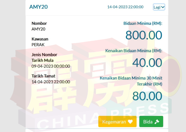 AMY 20号车牌，最低竞价为800令吉，每次竞标为40令吉，最后30分钟的每次竞标为80令吉。