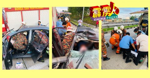 轿车撞路边罗厘  司机被夹伤
