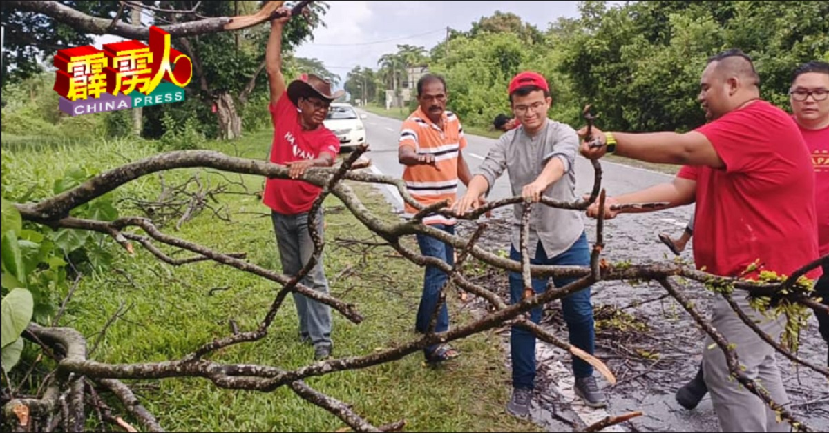 大树被暴风雨刮倒，张迪翔（左3）与团队合力清理。
