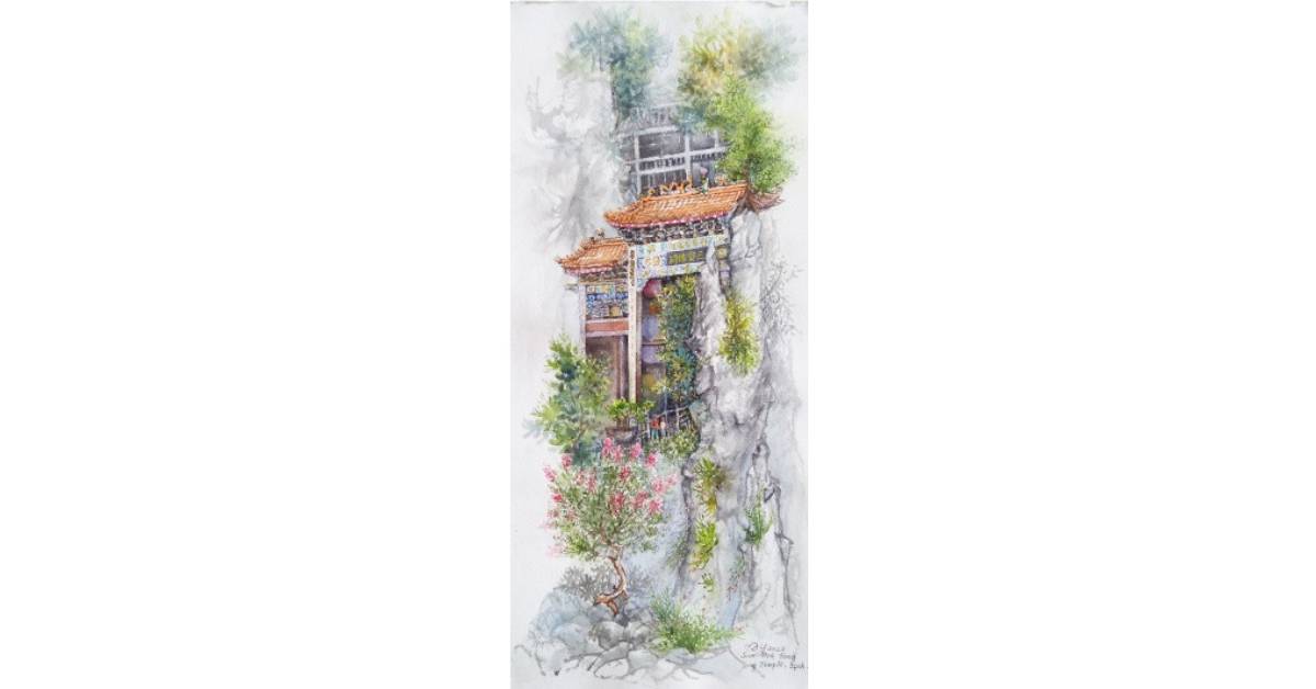 胡秋美水彩画作品“三宝洞”。