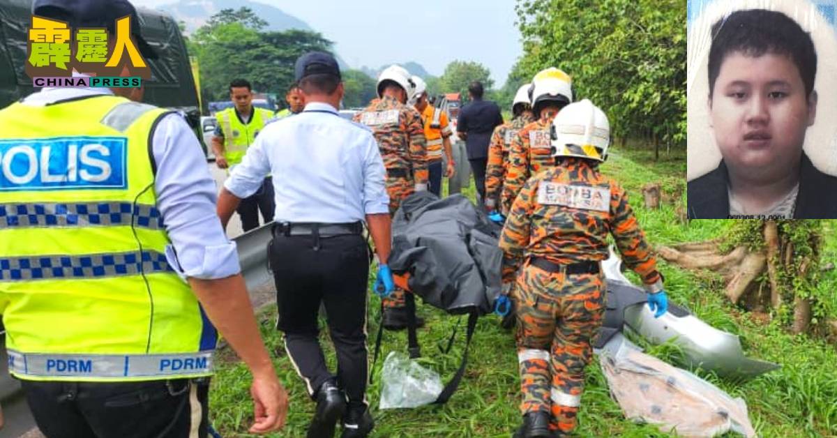 轿车坠入3公尺深的山沟,车内的华裔青年1死3轻伤。(霹消拯局)