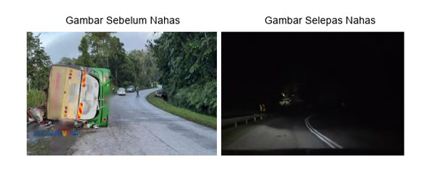 事发路段的双白线在事发时无法清晰可见（见左），事故发生后才重新上漆（见右）。