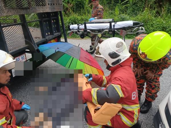 消拯员移出伤者后，由紧急医药援救服务”救护车送院治疗。（霹消拯局）